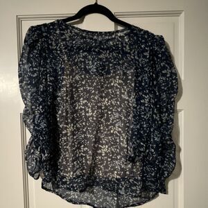Trendmates Women’s Blue/White Floral Sheer Chiffon Ruffle Blouse L